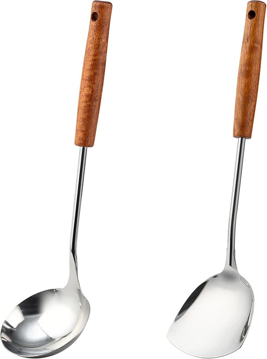 FJNATINH Wok Spatula and Ladle Tool Set - Stainless Steel Wok Tools,Wok Utensil,Mirror Polished Stainless Steel Cooking Utensils 14.6-15.2" Kitchen Utensils Cookware, Pack of 2