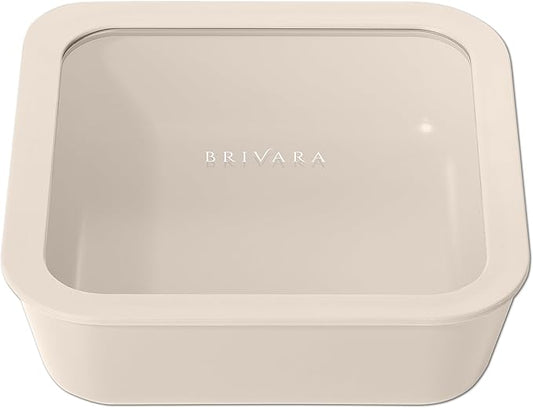 Ceramic Coated Glass Food Storage Container | No PTFE, PFOA, PFAS, and BPA | Reusable Non Toxic Meal Prep Container with Glass Lid | Easy To Store | 8 Cup Square [Crema]