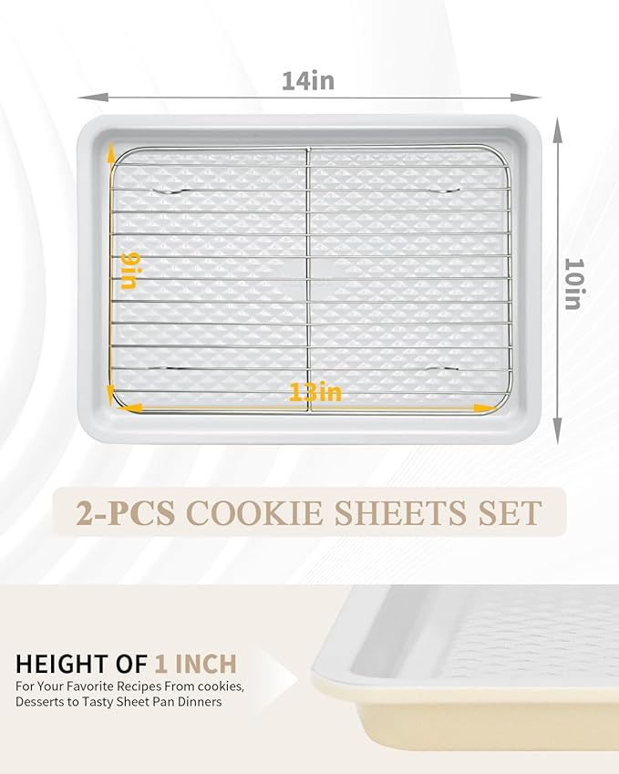 Nonstick Ceramic Baking Sheet with Rack, 2-Pack 13x9 Quarter Sheet Pan, Non-Toxic, PTFE & PFOA Free, Warp-Free, Oven Safe 550°F, Dishwasher Safe, Aluminized Steel, Gray Yellow（External 10x14）