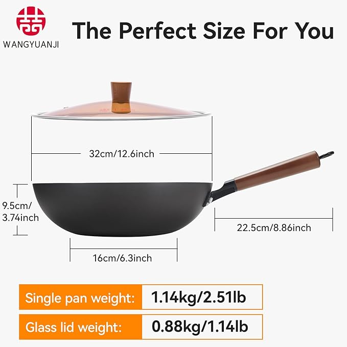 WANGYUANJI 12.6" Pure-Iron Wok with Glass Lid, Flat-Bottom Lightweight Chinese Stir-Fry Pan, Wooden Handle, Uncoated — Induction/Gas/Electric Compatible, Not Pre-Seasoned (Seasoning Required)