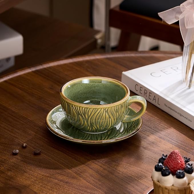 Vintage Design 12 oz Ceramic Latte Art Cappuccino Barista Cup with Saucer (Wave Green)