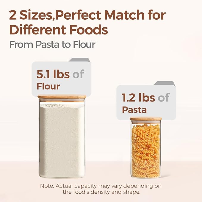 ComSaf Glass Pantry Storage Containers, 4.6Qt/1.6Qt Large Square Flour and Sugar Containers with Airtight Lids, 1.2 Gallon Glass Jars with Bamboo Lids for Rice, Pasta, Cookies, Coffee Beans