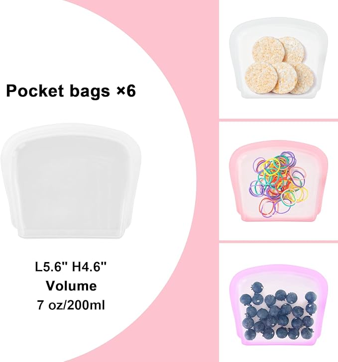 Silicone Reusable Storage Bag Reusable Silicone Pouch Bags Food Grade Silicone Pocket Bags 6 Pack 7oz Food Storage Container for Snack Dog Treat and Cards Large Opening Oven and Dishwasher Safe