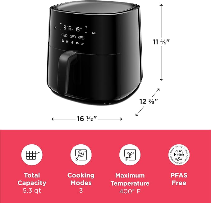 Frigidaire 3-in-1 Air Fryer, Large 5.3 QT Capacity, Digital Display, 3 Cooking Modes, 5 Recipe Presets, Automatic Shake Reminder, PFAS-Free Cooking Surfaces, Black