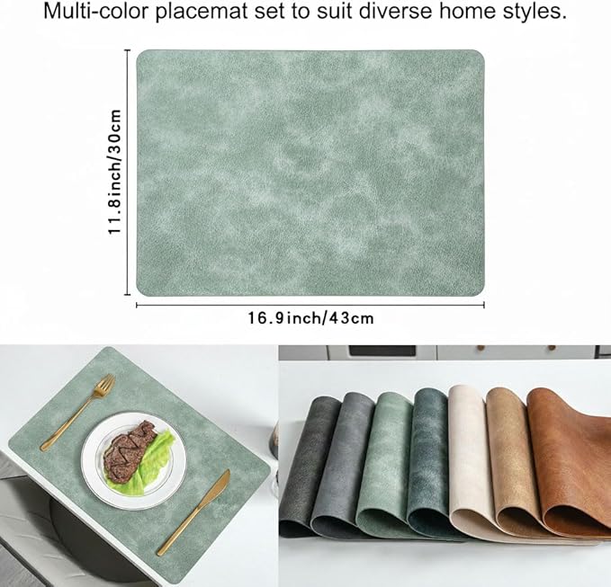 ICEDOG 12"x17" Waterproof PU Placemats - Faux Leather Heat-Resistant & Reversible Table Mats | Oil-Proof, Non-Slip for Kitchen, Dining, Outdoor BBQ (6, Green)