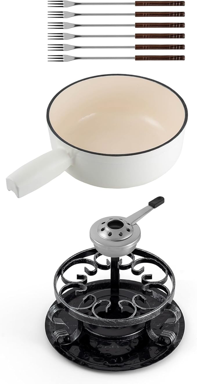 Swissmar Lugano Cast Iron Cheese Fondue Set, 9-Piece, 2 QT / 2 L - Ideal for Melting Cheese, Chocolates, Caramel, & More - Perfect for Kitchen Collection & Gift Giving - Matte White