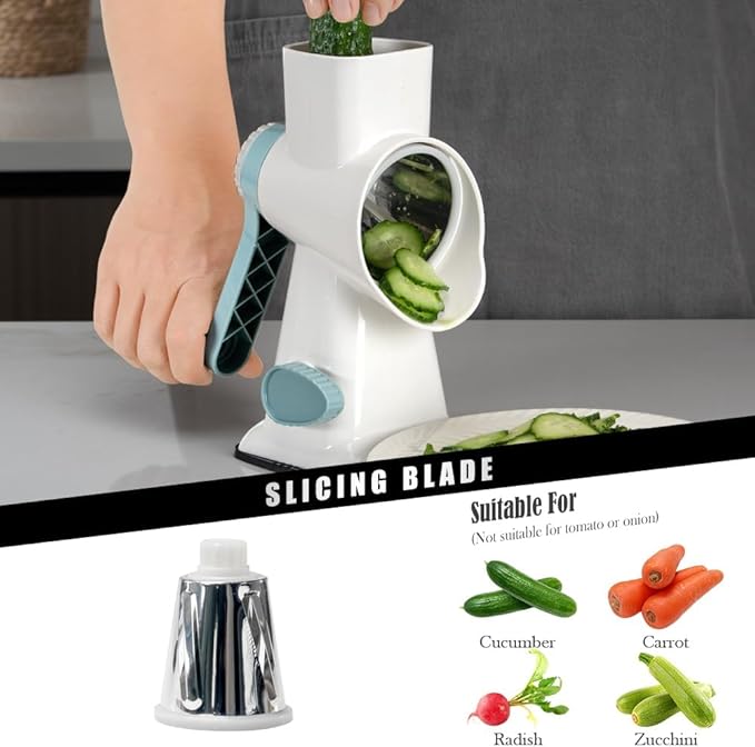 Cheese Grater Hand Crank Rotating Cheese Shredder Stainless Steel Vegetable Slicer Grater for Kitchen 3 Blades for Cheese, Carrot, Cucumber, Nuts, Chocolate, White