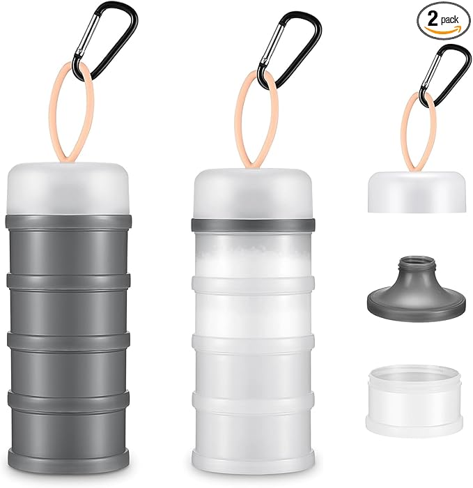 2 Pcs Protein Powder Container with Stackable Design, Portable Dispenser with Keychain, 4-Tier Leakproof Travel Powder Storage for Workout, Fitness, and Travel (Grey White)