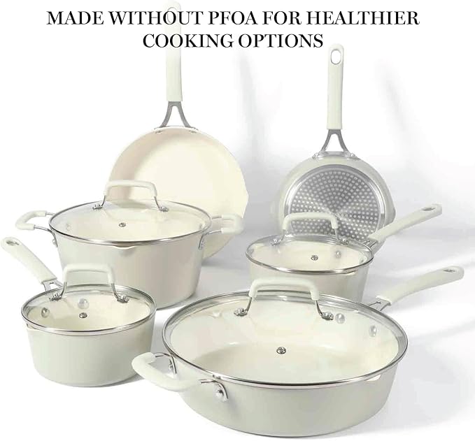 Martha Stewart Heathland Premium Nonstick PFA Free Ceramic Interior 10-Piece Tapered Aluminum Cookware Set - Linen White