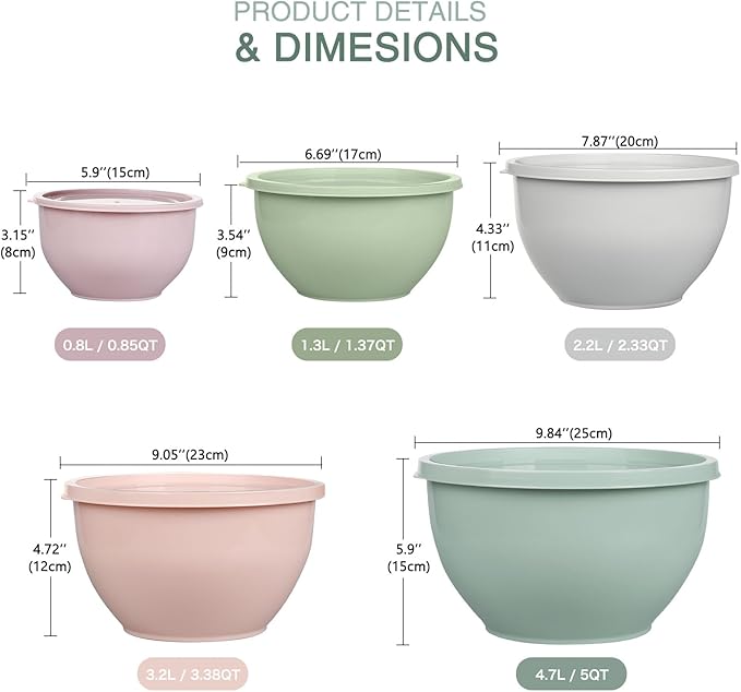 5-Piece Plastic Mixing Bowls with Lids Set for Kitchen, Nesting Bowls for Mixing, Baking, Prepping, Cooking and Serving Food, Mixing Bowls Dishwasher, Microwave Safe(5 Set-Pink)