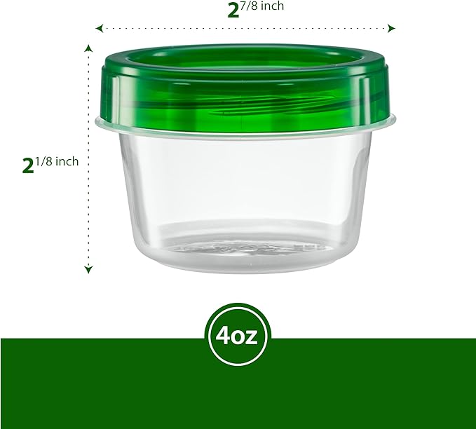 (4 Ounce 20 Pack) Twist cap Containers Clear Bottom With Green Top Screw on Lids Twist Top Food Storage Freezer Containers