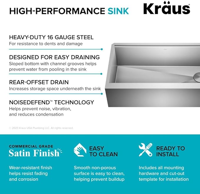 KRAUS Kore 36-Inch Modern Farmhouse Workstation 16 Gauge Single Bowl Stainless Steel Kitchen Sink with Accessories, KWF410-36