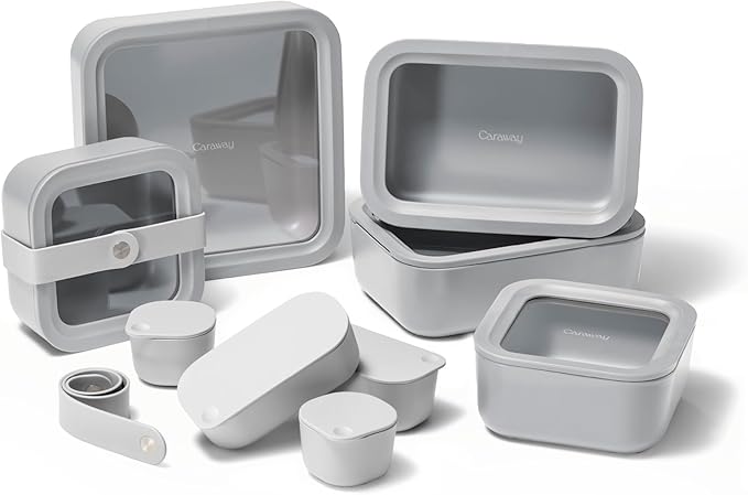 Caraway 14pc Glass Food Storage Container Set - Easy to Store, Non Toxic Lunch Box - with Glass Lids - Includes Storage Organizer & Dot & Dash Inserts - Gray