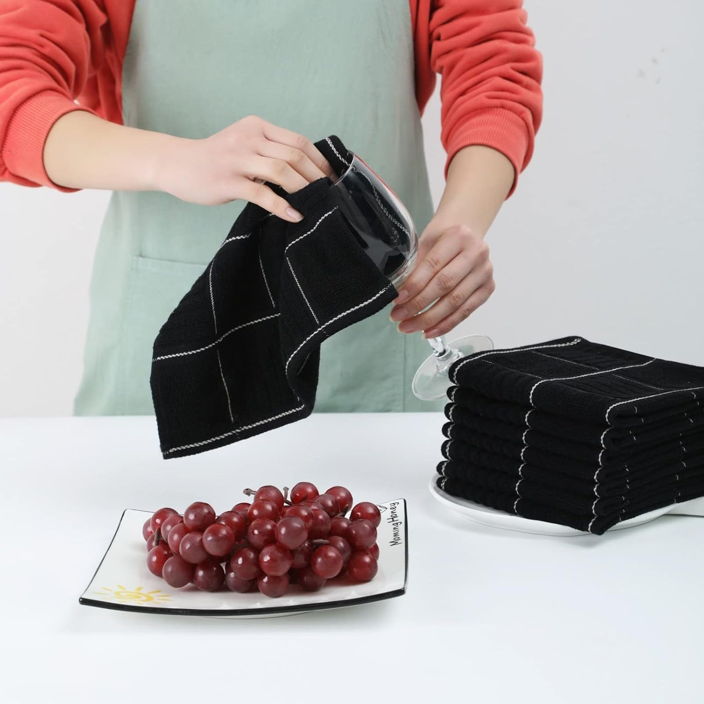 Glynniss Dish Cloths for Kitchen Washing Dishes, Super Absorbent Dish Rags, Cotton Terry Cleaning Cloths Pack of 8 (Black, 12x12 inches)