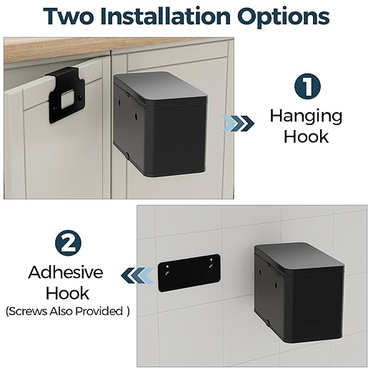 Stainless Steel Hanging Trash Can with Lid and Inner Bucket, 1 Gallon Kitchen Compost Bin for Counter Top, Under Sink or Wall Mount, Small Garbage Can for Cupboard/Bathroom/Bedroom/RV, Black