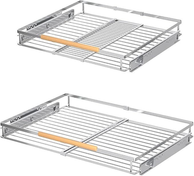 Pull Out Cabinet Shelf, Slide Out Cabinet Organizer Heavy Duty Under Sink, Anti Rust Kitchen Organizer Basket, Smooth Roll Expandable Sliding Drawer, 2 Pack Chrome 15.9''-26.2''