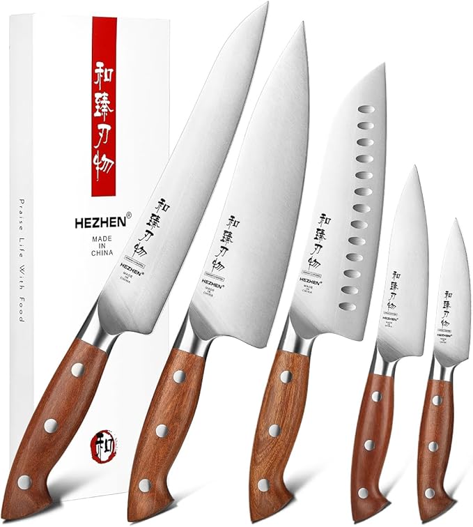 HEZHEN Knife Set,5 Piece Kitchen Chef Knife Set, German High Carbon Stainless Steel Ultra Sharp Chef Santoku Slicing Utility Paring Knives Sets, Ergonomic Full Tang Handle Cooking Cutlery Set Gift