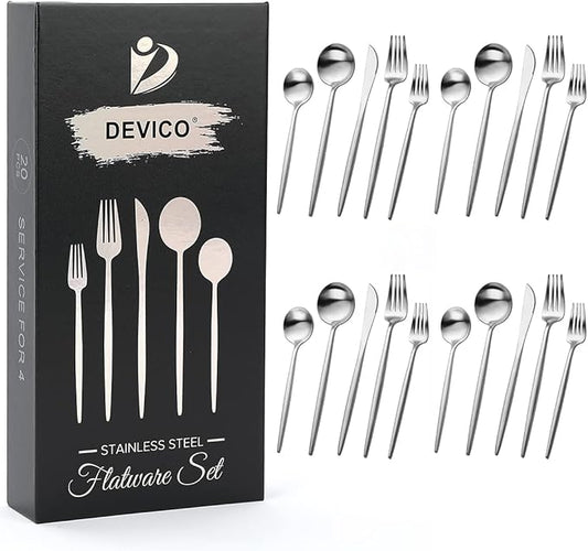 Devico Matte Silverware Set, 20-Piece 18/10 Stainless Steel Flatware Cutlery Utensils Tableware Set Service for 4, Great Gift for Friends/Family, Dishwasher Safe (4 sets, Silver-A)