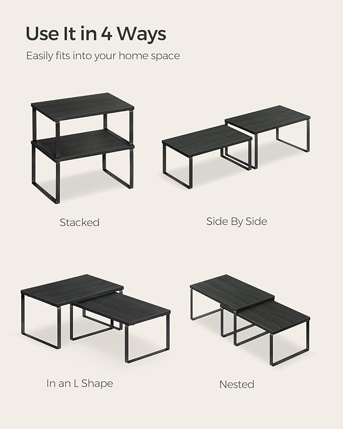 SONGMICS Cabinet Organizer Shelf, Set of 4 Kitchen Counter Shelves, Kitchen Storage, Spice Rack, Stackable, Expandable, Metal and Engineered Wood, Ink Black and Ebony Black UKCS027B01