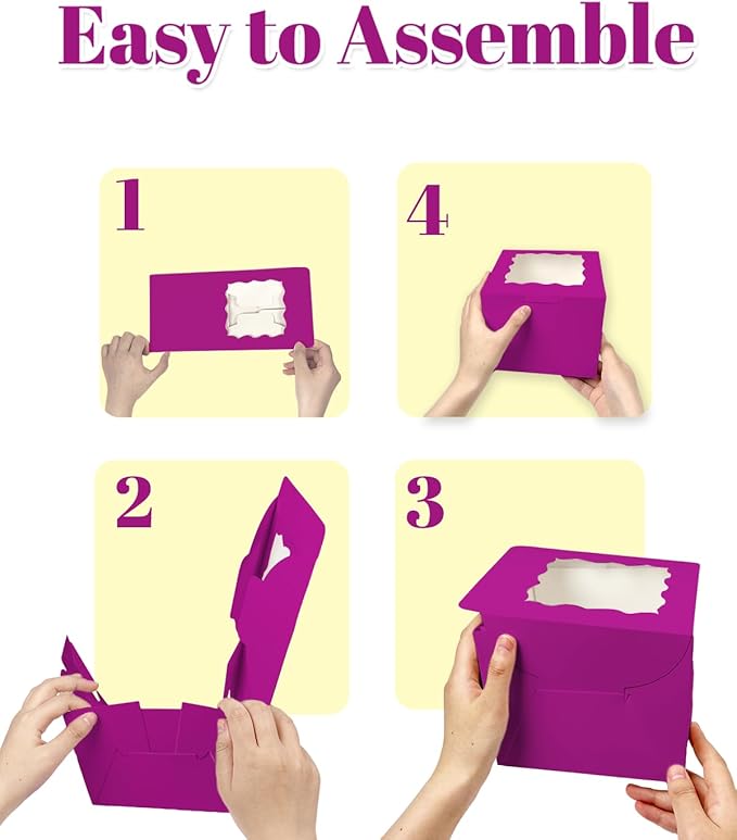 Bakepacker 36pcs 6x6x5 Inches Cake Boxes with Window 18-Packs Deep Purple Cake Boxes 6 Inch Bakery Boxes (18 Cake Boxes +18 Cake Boards Included)