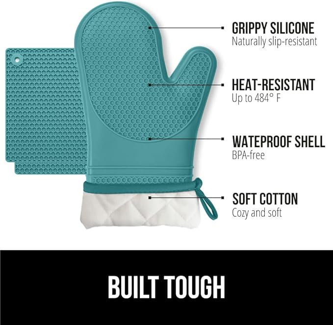 GORILLA GRIP BPA-Free Soft Silicone Oven Mitts and Pot Holders Sets, Heat Resistant Waterproof Cooking Gloves, Thick Cotton Lining, Flexible Gripping for Baking Grilling, Kitchen Trivets, Turquoise