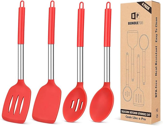 Pack of 4 Silicone Cooking Utensils Set, Non Stick Large Solid Spatulas, Heat Resistant Slotted Spoons, Ideal BPA Free Kitchen Turners for Frying, Mixing,Serving,Draining,Turning,Stirring (RED)