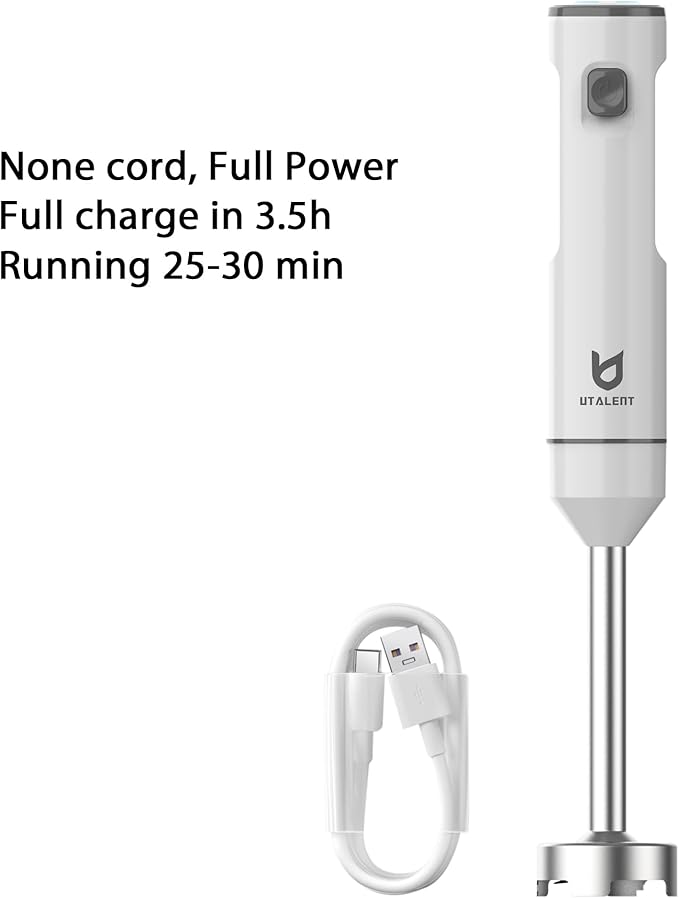 Cordless Hand Blender, UTALENT Variable Speed Immersion Blender handheld Rechargeable, with USB-C Charging Cable, Egg Whisk, for Smoothies, Milkshakes, Hummus and Soups – White