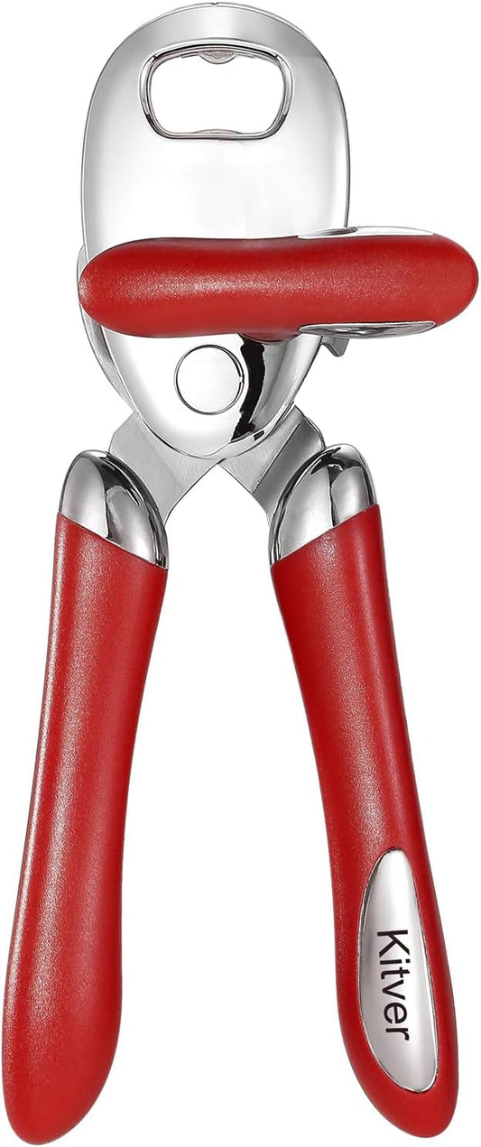 Multi-function Manual Can Opener Bottle Opener, Oversized Hand-held Easy Rotary Knob, Safe Cut Can Opener with Non-Slip Handle, Smoother Cut Sharp Blade for Seniors Kitchen Tool, Red