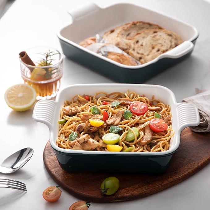 Sweejar Ceramic Baking Dish, 9 x 9 Cake Baking Pan for Brownie, Porcelain Square Bakeware with Double Handle for Casserole, Lasagna, Family Dinner (Jade)