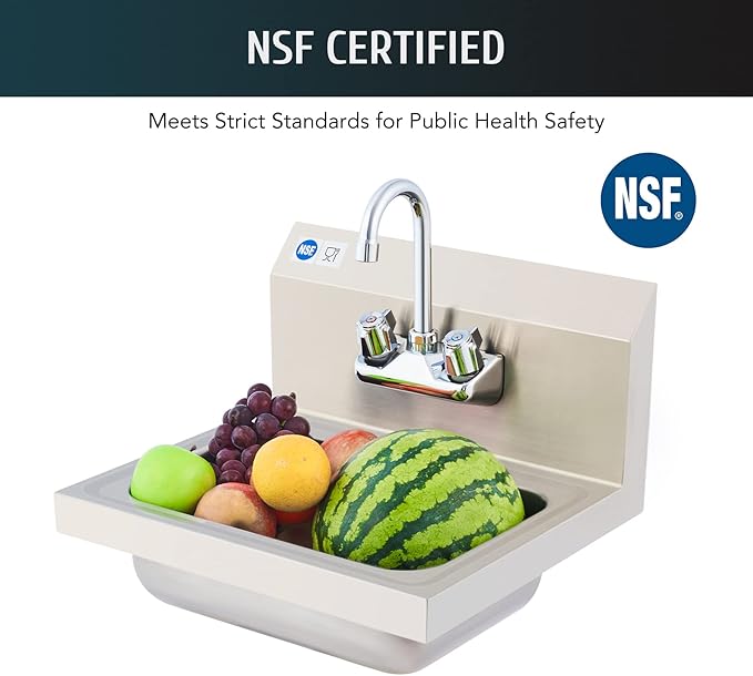 WILPREP Hand Sink Commercial Stainless Steel Sink for Washing, NSF Utility Sink with Gooseneck Faucet, Wall Mount Kitchen Sink for Restaurant Bar RV Bathroom Laundry Room (17 x 15 Inches)