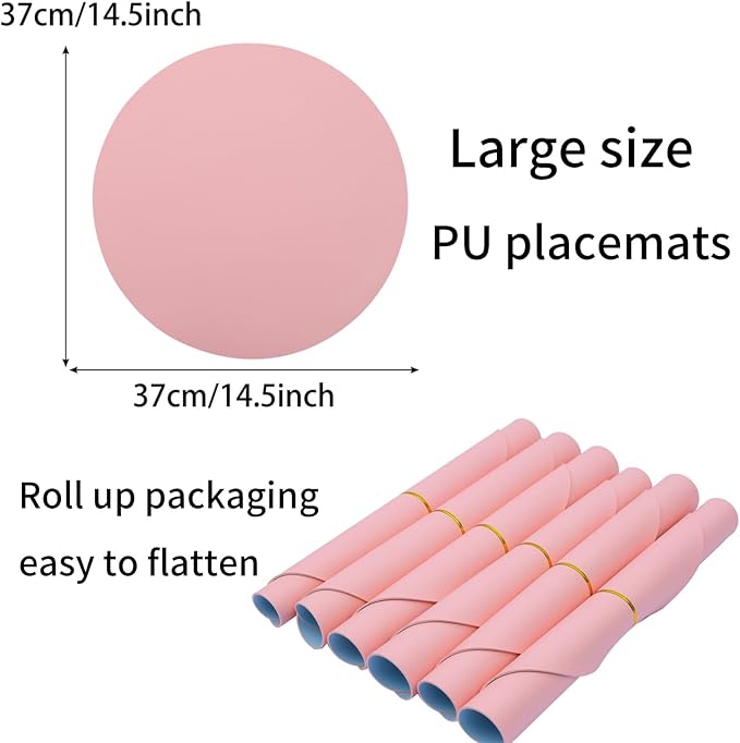 Round Faux Leather Placemats Set of 6,Reversible PU Placemat for Dining Table,Waterproof Table Mats Heat Resistant Wipeable Anti Slip Washable,Modern Table Protectors(Pink and Blue)