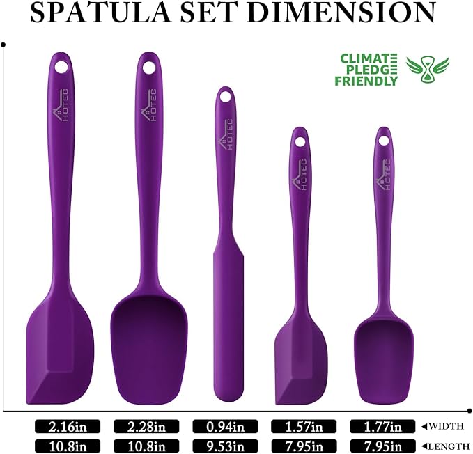 HOTEC 600℉ Heat Resistant BPA-Free Silicone Rubber Spatula Set for Baking, Cooking, and Mixing Non Stick Dishwasher Safe, Purple Set of 5