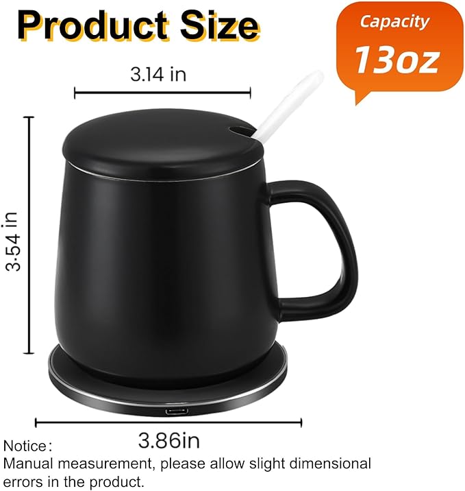 Smart Temperature Control Mug, 13 Oz Premium Ceramic Coffee Cup with 15W Wireless Charger, Charges Phones, Matte Black