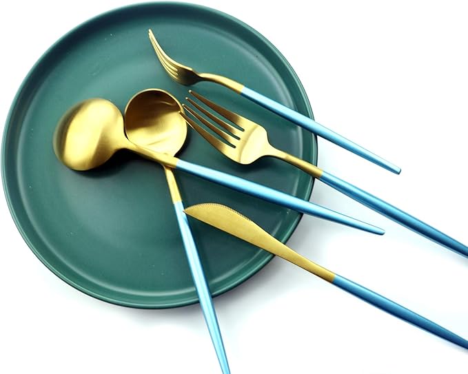 Gugrida 20 Pieces Matte Gold Blue Handle 18/10 Stainless Steel Silverware Set, Flatware Set Titanium Black Cutlery Set, Utensils Set for Home Restaurant Service Set for 4, Dishwasher Safe (Blue Gold)