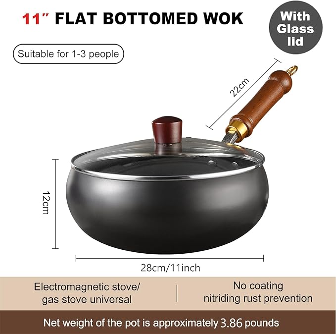 Carbon Steel Wok Pan, 11" Woks & Stir-Fry Pans with Glass Lid Cookwares, Nonstick Wok Flat Bottom Small Handmade Chinese Wok For for All Stoves