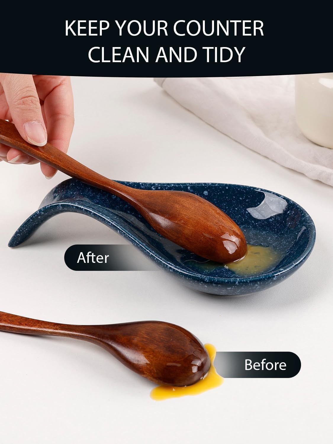 Spoon Rest for Stove Top, Kitchen Spoon Holder, Navy Blue Spoon Rest for Counter, Ceramic Cooking Utensil Rest for Spatula, Ladle, ANTIS'S HOME