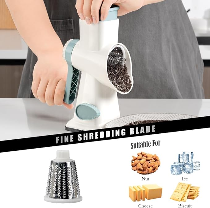 Cheese Grater Hand Crank Rotating Cheese Shredder Stainless Steel Vegetable Slicer Grater for Kitchen 3 Blades for Cheese, Carrot, Cucumber, Nuts, Chocolate, White