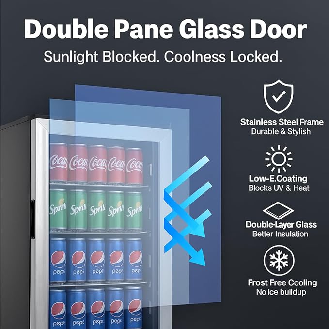 20 Inch Built-in Beverage Refrigerator with 7-Color LED Light, Compact 120 Can Under Counter or Freestanding Stainless Steel Drink Cooler Fridge with Glass Door for Soda & Beer