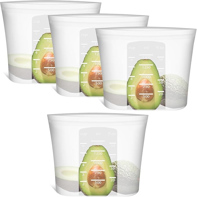 Large Reusable Food Bags 4 Pack, 1.5 Quart(50.7fl.oz) 100% Silicone Storage Bags Stand Up Zip Silicone Food Container, Freezer Microwave Oven Dishwasher Safe, Translucent