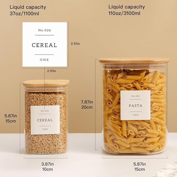Glass Food Storage Containers with 132 Kitchen Pantry Labels, 110/37 oz Glass Flour and Sugar Containers with Airtight Lids, Large Square Glass Jars with Bamboo Lids for Rice, Pasta, Grains, Cookies