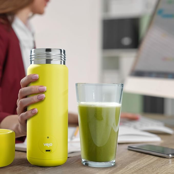 Vejo Portable Travel Blender for Protein Shakes & Powders | 12oz Rechargeable Personal Mixer Bottle | Stainless Steel Interior | Fits Car Cup Holders | Dishwasher Safe | Neon Pink