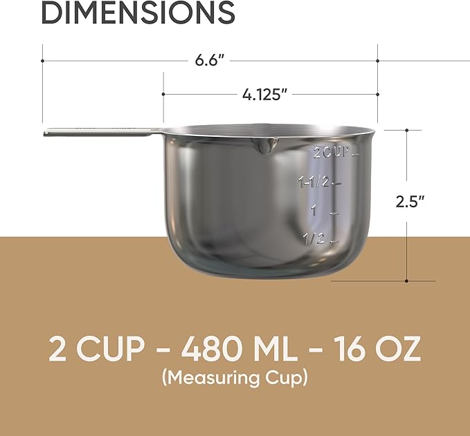 Color Up 2 Cup Measuring Cup, 480ml Stainless Steel Metal, Easy-Pour Spouts, Engraved Markings, Flat Base, Dishwasher Safe, for Dry and Liquid Ingredients