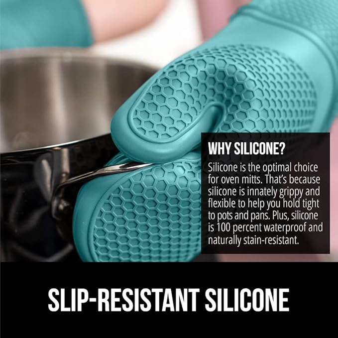 GORILLA GRIP BPA-Free Soft Silicone Oven Mitts, 14.5x8.3, Heat Resistant and Waterproof Cooking Gloves, Thick Cotton Lining, Flexible Gripping for Baking Grilling, Kitchen Potholders Set, Turquoise