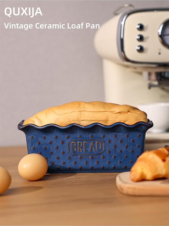 Ceramic Loaf Pan for Baking Bread, 9 x 5 Inch, Nonstick Bread Pans for Cooking, Microwave & Dishwasher Safe, Rectangular Mold (Vintage Blue)