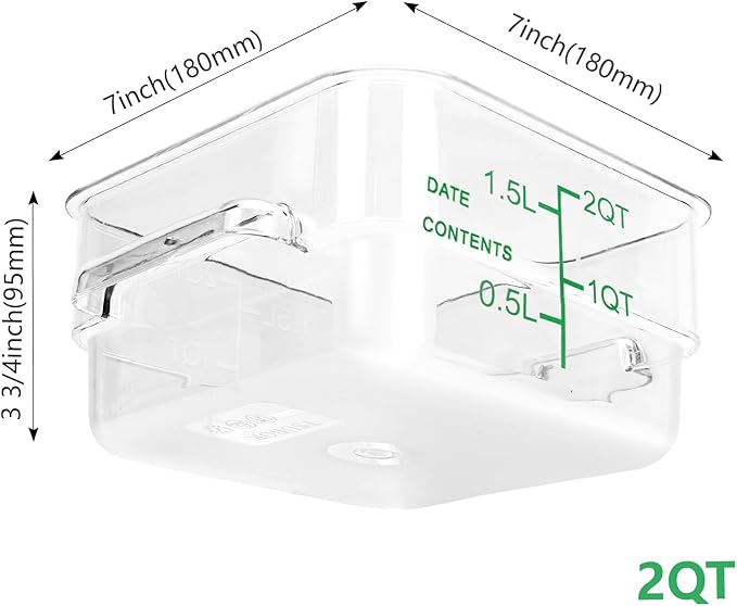 4 Pack Food Storage Containers with Green Lids, 2.0 Qt - Square, Clear, Polycarbonate