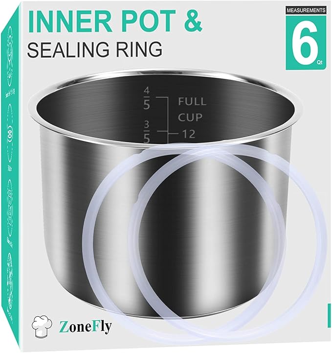 ZoneFly Stainless Steel Inner Pot Compatible with Instant Pot 6 Qt, Original 6 Quart InstaPot Replacement with Polished Surface Non-Stick and 2 Sealing Rings