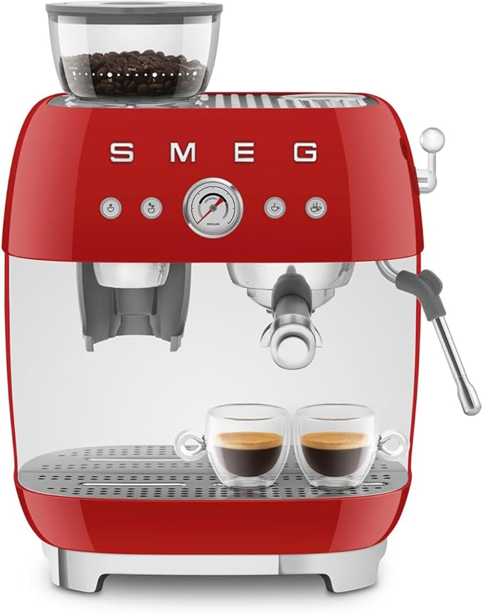 Smeg EGF03 Semi-Automatic Espresso Machine with Built-In Grinder, Dual Thermoblock, 50’s Retro Style – Red (120 V)