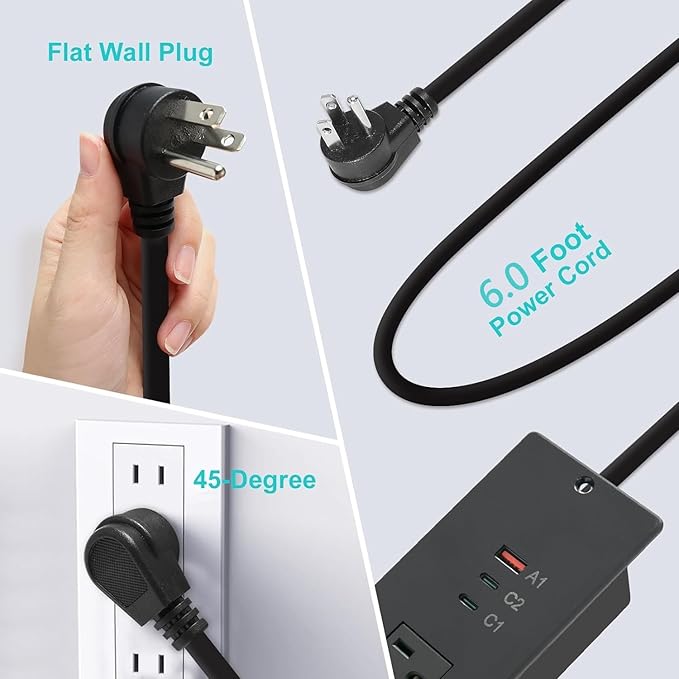 45W Recessed Power Strip USB C, Flush Mount Desk Extender 3 AC Outlets 2 PD USB-C&1 Fast Charge USB-A Ports,Flat Plug Extension Cord for Drawer Cabinet Countertop Table Conference Black