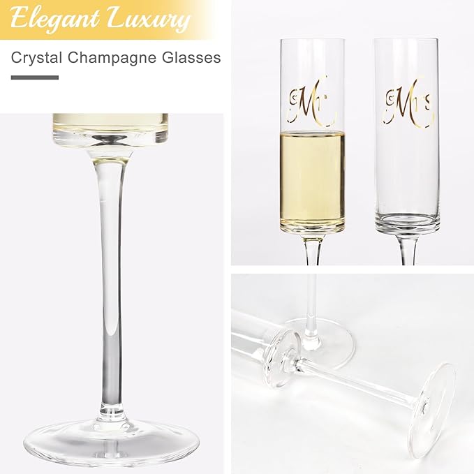 Topsky Mr & Mrs Crystal Champagne Flutes set of 2,Bride & Groom Toasting Glass,Modern & Elegant,Unique Gifts for Wedding, Anniversary,Engagement,Christmas, Birthday,7oz