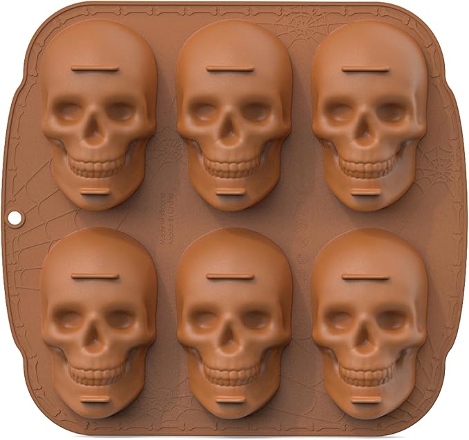 Halloween Skull Silicone Molds for Baking, 6 Cavities 3D Skull Baking Pan for Cake Chocolate, Skeleton Mold for Pizza Ice Wax Melt Jelly Resin (Coffee)